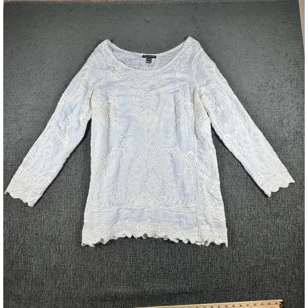 A Pea in the Pod Maternity White Linen Blend Embroidered Lace Tunic Top Small
